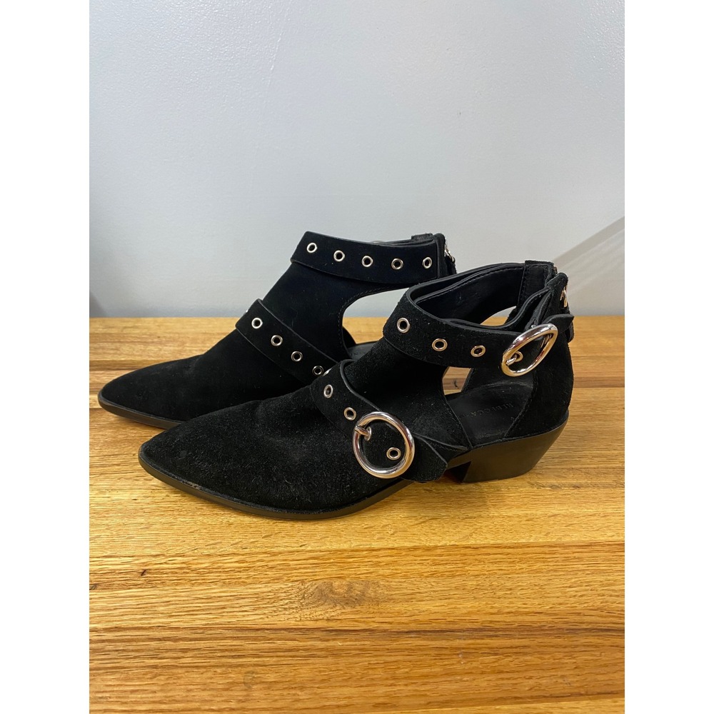 Rebecca Minkoff Black Suede Cutout Grommet Buckle Ankle Boots womens 7M